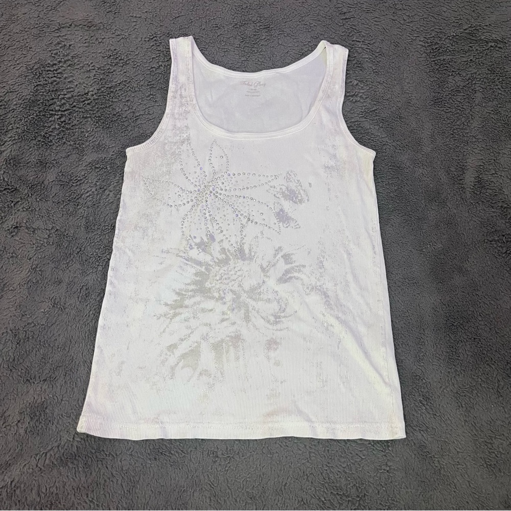 Faded Glory White Ribbed Tank Top Rhinestone Floral Y2K Size Large
